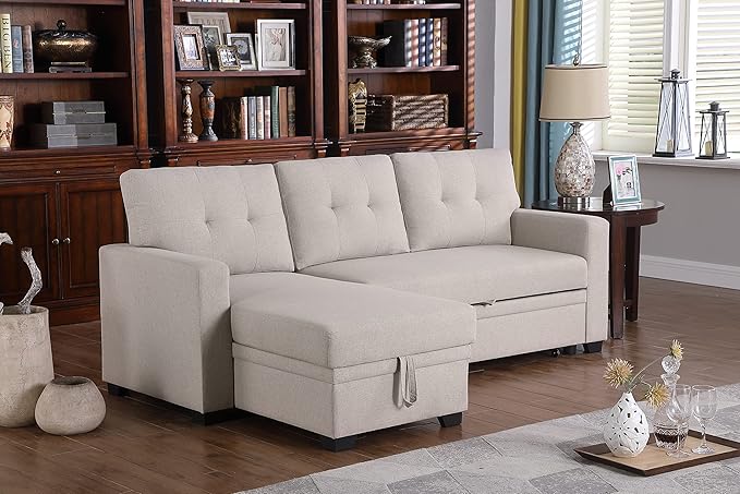 Devion Furniture Garisa 4-in-1 Convertible L Shaped Couch with Pull Out Bed and Storage, Sectional Sleeper Sofa with Reversible Chaise for Living Room, Apartment, Bedroom, Office