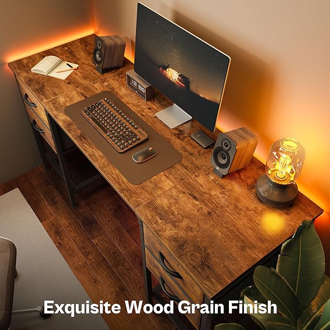 Huuger 55 Inch Computer Desk with 4 Drawers, Office Desk with Mesh Shelf, Gaming Desk, Large Storage, Writing Desk Work Desk for Home Office, Study, Bedroom, Work from Home, Rustic Brown