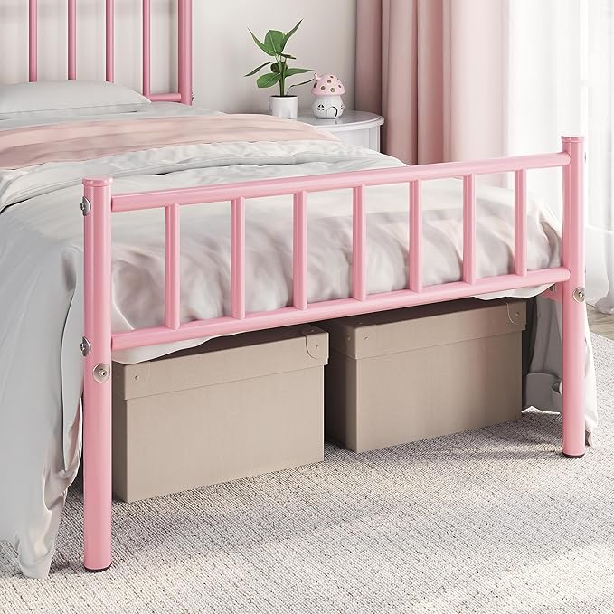 Yaheetech Twin Size Bed Frame Metal Platform Bed Frame Mattress Foundation with Spindle Headboard & Footboard/No Box Spring Needed/14 Inch Underbed Storage/Firm Support & Easy Set up Structure, Pink