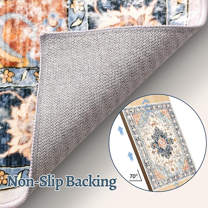 Tangsoo 2x10 Washable Runner Rug for Hallways, Non Slip Vintage Runner Rug, Soft Low Pile Long, Print Distressed Blue/Orange Carpet Runners for Kitchen Bedroom Entryway Bathroom Living Room