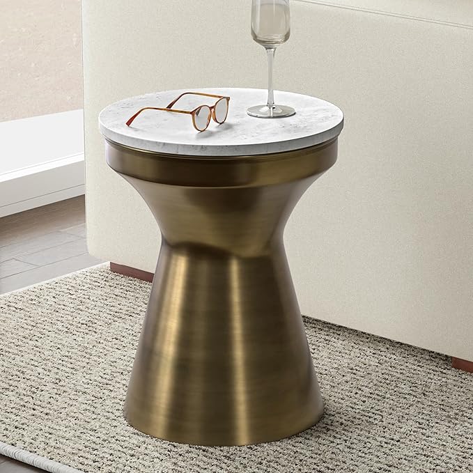 SIMPLIHOME Raquel Modern Contemporary 14 inch Wide Metal Side Table in White / Antique Brass, Fully Assembled for the Living Room and Bedroom