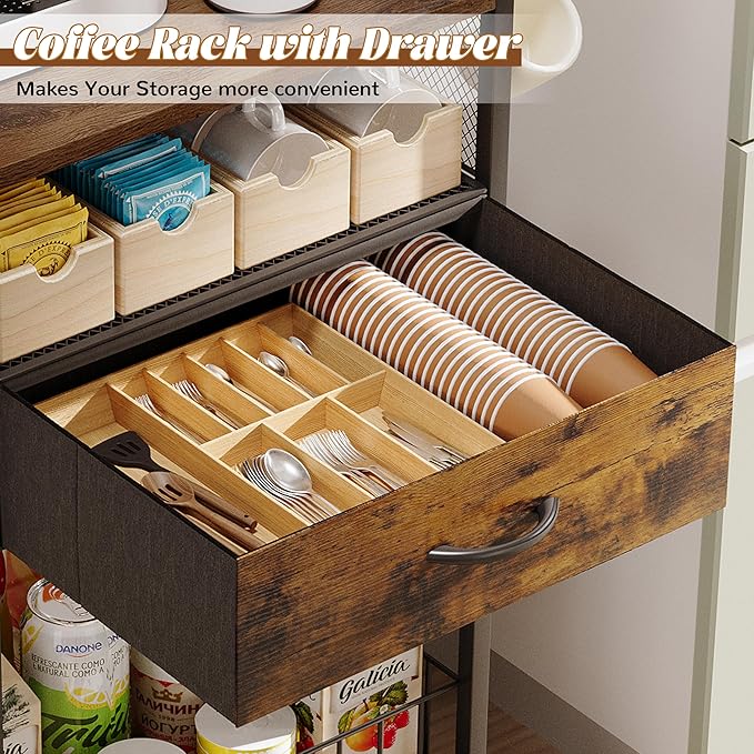 Small Coffee Bar Cart with Drawer Srorage, Coffee Bar Station Organizer Mug Cup Holder Stand, 3-Tier Coffee Table for Home Buffets & Sideboards, Office Coffee Station for Kichen, Entryway, Living Room