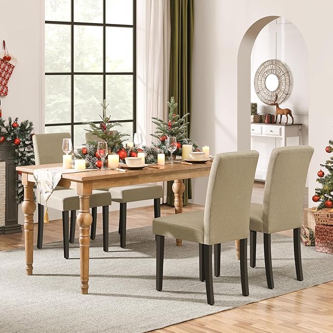 Yaheetech Dining Chairs Set of 4 Fabric Parson Upholstered Kitchen Chairs with Padded Seat and Solid Wood Legs for Dining Room/Restaurant, Armless Design, Khaki