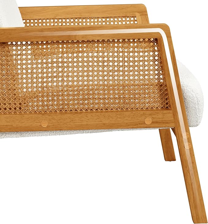 Yaheetech Boucle Fabric Accent Chair, Vintage Rattan Vanity Chair with Wood Armrest and Legs for Living Room Bedroom Makeup Room, Ivory 1