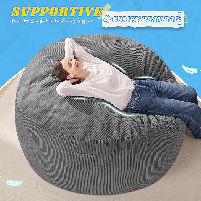 HABUTWAY 4FT Bean Bag Chair,Giant Bean Bag Chairs for Adults,Big Bean Bags with Memory Foam Filled, Large Beanbag Chairs with Soft Corduroy Cover-Grey
