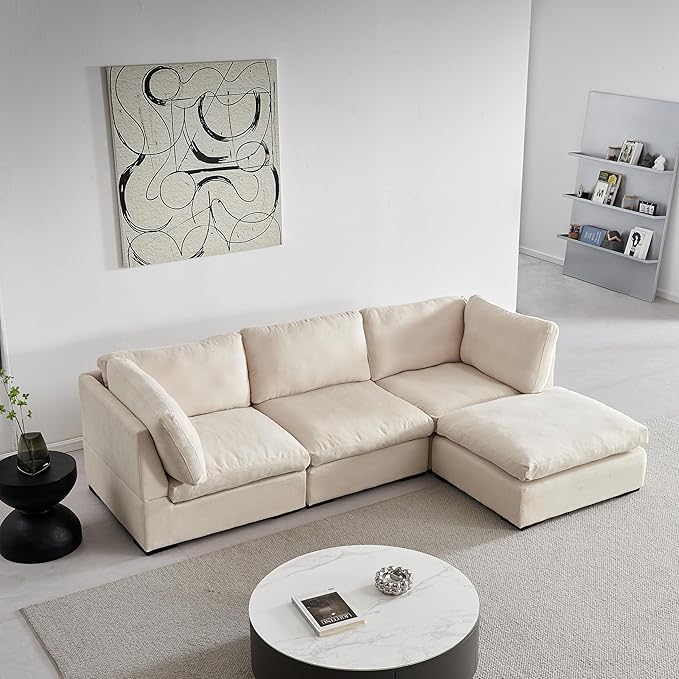 Modern L-Shaped Sectional Sofa with Chaise Lounge Furniture Set , Minimalist Style Comfy Chenille Upholstery Corner Couch with Throw Pillows ,Free Combination Convertible Sofa&Couches for Living Room