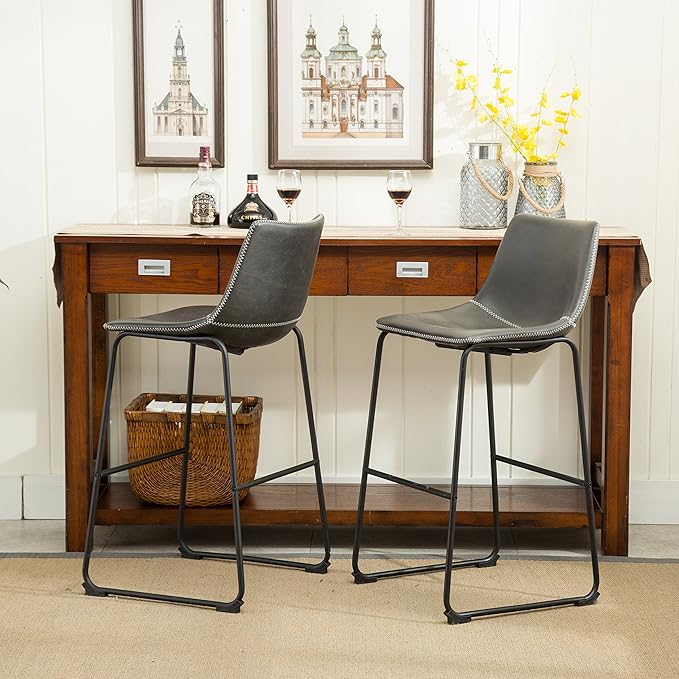 Roundhill Furniture Lotusville Vintage PU Leather Bar Stools, Antique Gray, Set of 2