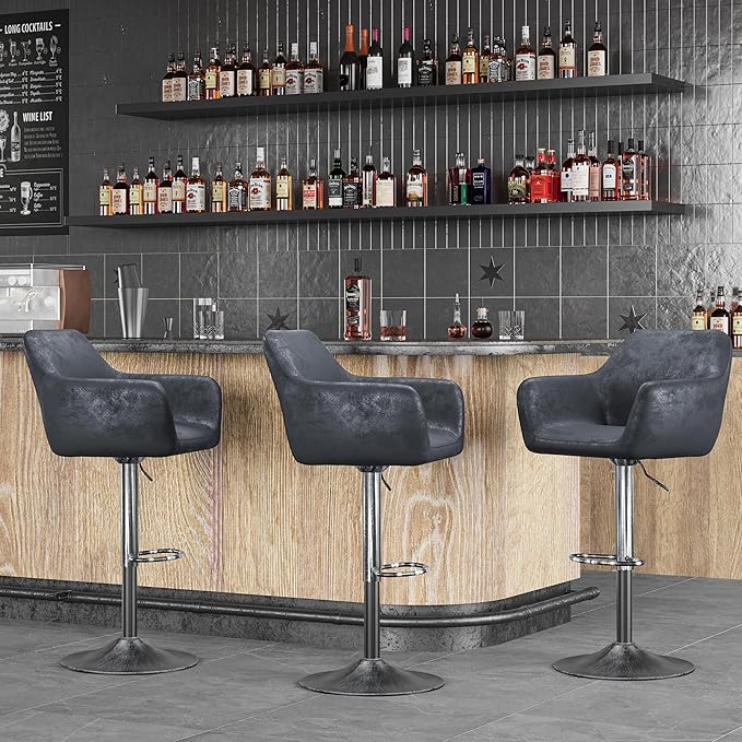 Keyluv Bar Stools Set of 2 for Kitchen Counter Adjustable Height Swivel Barstools 29 Inch Faux Leather Bar Chairs with Padded Back and Chromed Metal Base, Retro Black