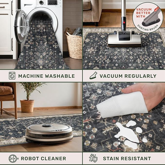 Black Washable Entry Rug, 2x3 Small Rugs for Entryway Kitchen Bathroom Door Mat Indoor Entrance, Non Slip Rubber Backing, Stain & Fade Resistant, Ashen Charcoal Floral Decor