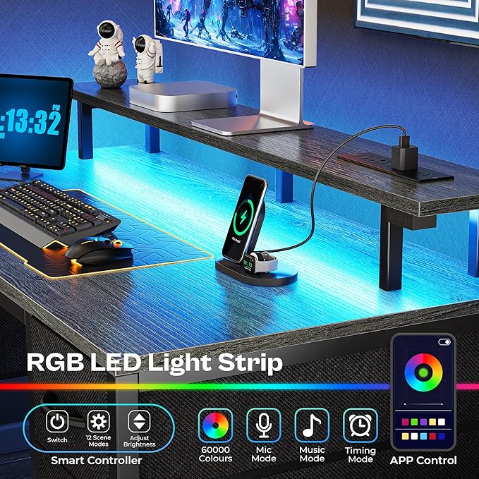 Huuger 47 inch Computer Desk with 4 Drawers, Gaming Desk with LED Lights & Power Outlets, Home Office Desk with Large Storage Space for Bedroom, Work from Home, Grey