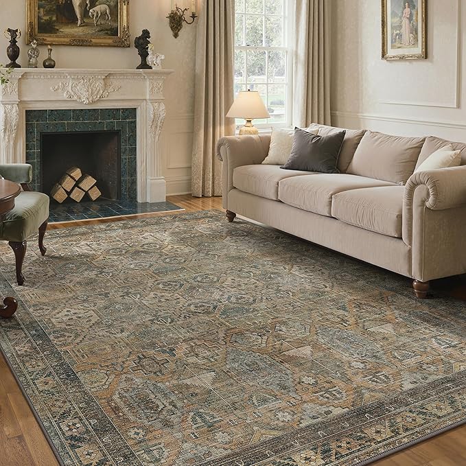 GENIMO 8x10 Area Rugs for Living Room, Machine Washable Non Slip Vintage Rugs, Low Pile Lightweight Chenille Print Rug for Bedroom, Dining Room, Home Office, Warm Taupe