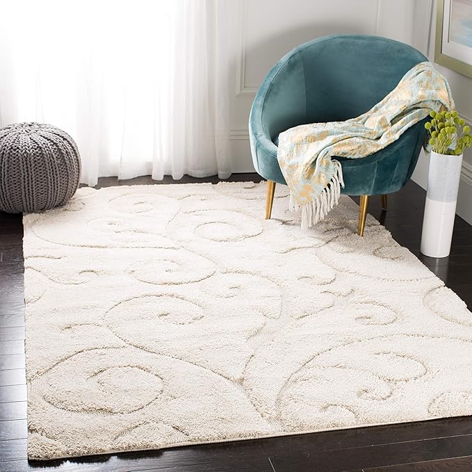 SAFAVIEH Florida Shag Collection X-Large Area Rug - 11' x 15', Creme & Creme, Scroll Design, Non-Shedding & Easy Care, 1.2-inch Thick Ideal for High Traffic Areas in Living Room, Bedroom (SG455-1111)