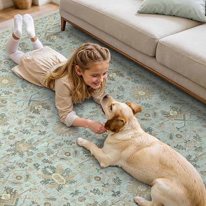 8X10 Area Rugs Machine Washable Runner Rugs for Living Room Bedroom Hallway, Non Slip Indoor Soft Accent Distressed Boho Vintage Print Lightweight Thin Low Pile Carpet, Misty Blue