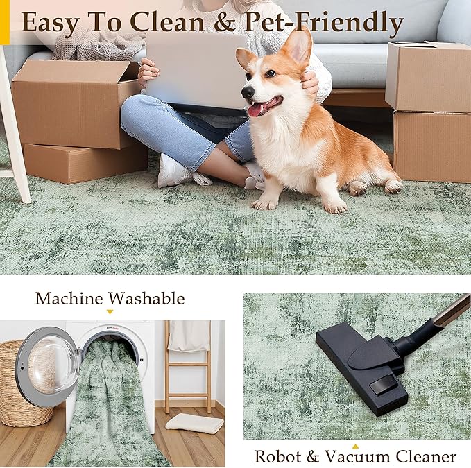 5x7 Washable Area Rug Dark Green Modern Neutral Abstract Living Room Bedroom Indoor Floor Carpet Low Pile Soft Non-Slip Lightweight Vacuumable Throw Rug for Kitchen Nursery Dining Room