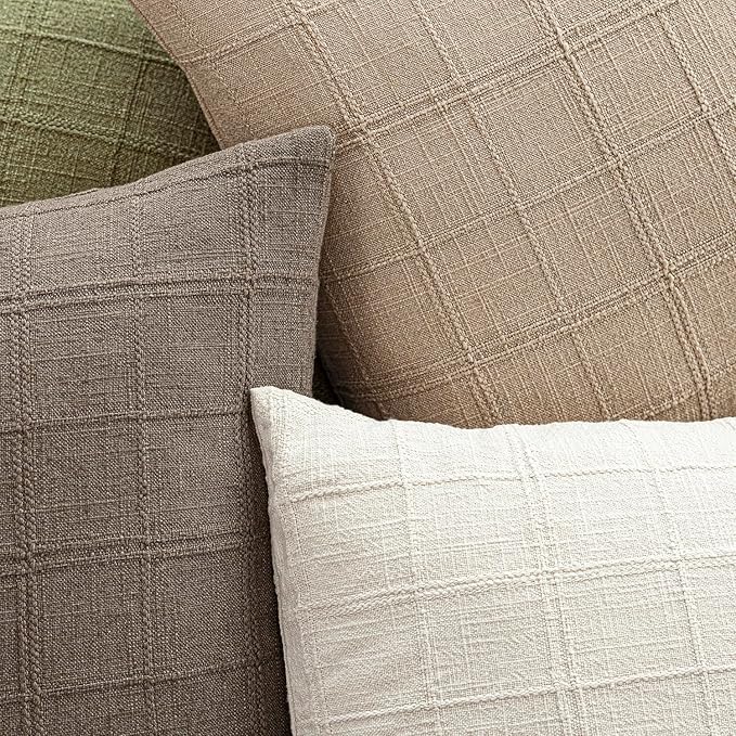 Foindtower Set of 2 Decorative Linen Check Throw Pillow Covers Neutral Farmhouse Vintage Cushion Covers Modern Coastal Boho Home Decor For Sofa Chair Couch Bedroom Living Room Outdoor,24×24 Inch,Camel