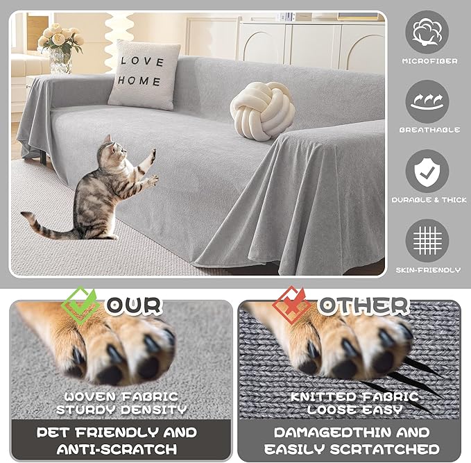 MYSKY HOME Couch Covers Couch Cover 3 Cushion Sofa, Couch Covers for Pet, Dog Couch Protector, L Shape Sofa Cover Non Slip Sofa Slipcover Washable Furniture Covers for Pets, 91"x 150", Light Grey