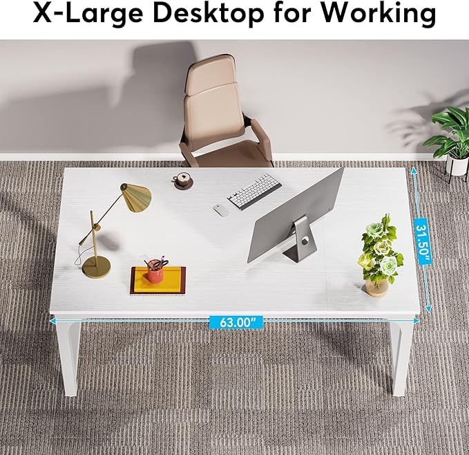LITTLE TREE 63 Inch Large Executive Computer Office Desk, White