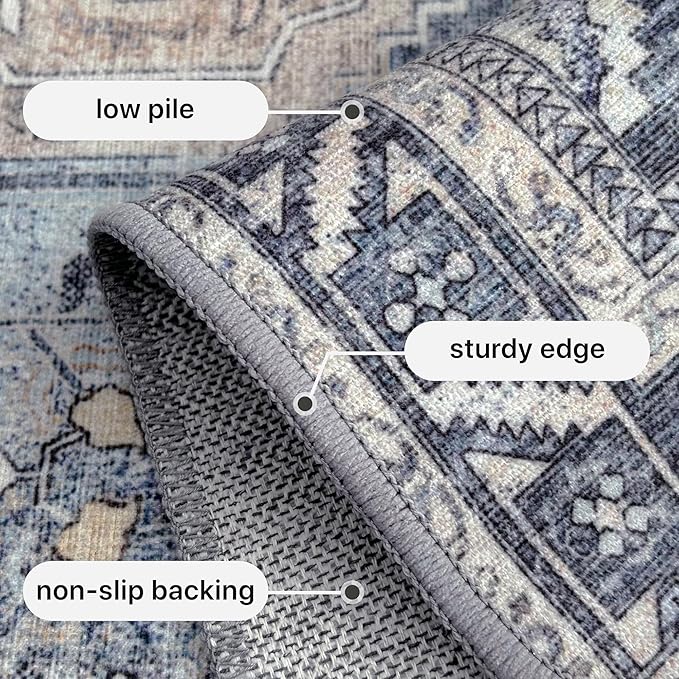 GENIMO 2x5 Runner Rugs for Hallway, Machine Washable Non Slip Vintage Rugs, Low Pile Lightweight Soft Print Rug for enrtyway, Corridor, Home Office, Kitchen, Brown Blue