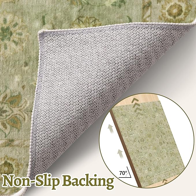 Tangsoo 2x6 Washable Runner Rug for Hallways, Non Slip Floral Vintage Runner, Soft Low Pile Long Rug, Print Distressed Flaxen Green Carpet Runners for Kitchen Bedroom Entryway Living Room