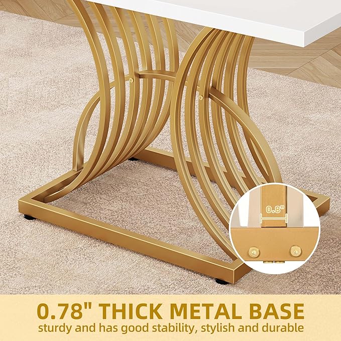 DWVO Modern Dining Table for 4 People 47 Inch Rectangular Kitchen Table with White Tabletop and Gold Geometric Legs Small Dinner Table Kitchen & Dining Room Furniture White & Gold