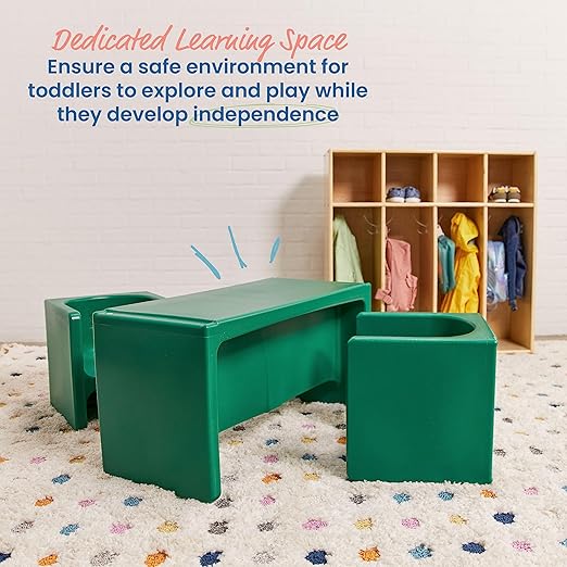 ECR4Kids Tri-Me Table and Cube Chair Set, Multipurpose Furniture, Green, 3-Piece