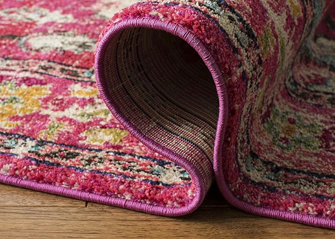 SAFAVIEH Monaco Collection Area Rug - 6'7" Square, Pink & Multi, Boho Chic Medallion Distressed Design, Non-Shedding & Easy Care, Ideal for High Traffic Areas in Living Room, Bedroom (MNC243D)