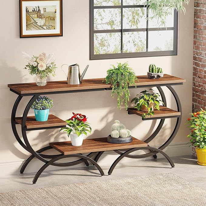 Tribesigns C-Shaped End Table, Industrial 3-Tier Small Side Table for Couch, Wood Bedside Table Snack Side Table with Storage Shelves for Living Room Small Space, Rustic Brown