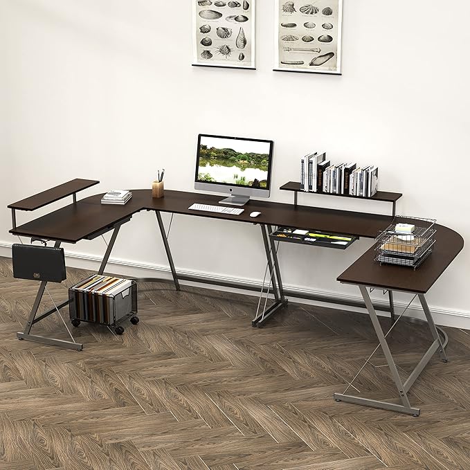 SHW 51 x 51 Inches Vista L-Shaped Desk with Monitor Stand and Drawer, Espresso