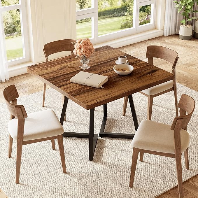 LITTLE TREE 31.5 Inches Small Dining Table for 4, Square Dinner Table for Small Space, Dining Room Tables, Rustic Brown Wooden Kitchen Table with Metal Legs, Modern Leisure Cafe Table for Apartment