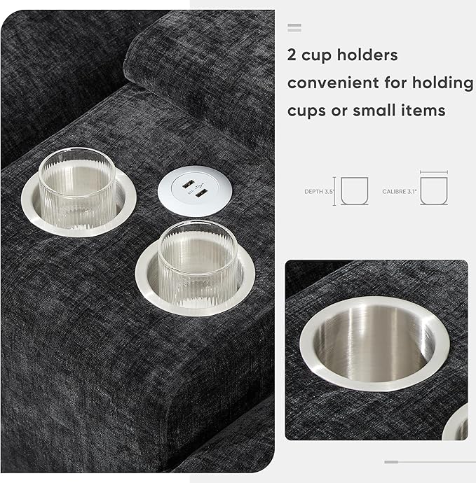 Merax Modern Sectional Sofa with Cupholders, Console and USB Charging Ports, Chenille Upholstered Sleeper Couch & Double Cushions, Symmetrical Chaise Indoor Furniture for Living Room, Apartment, Black