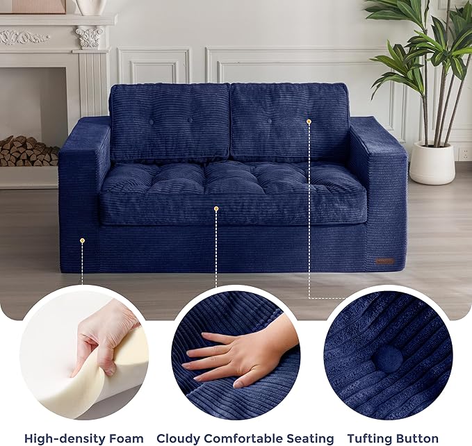 MAXYOYO Bean Bag Chair for Adults, Upholstered Floor Sofa with Armrests, Loveseat Boneless Couch with Tufted Cushion & Backrest, Sofa in A Box, Large Bean Bag Couch for Bedroom Living Room, Navy