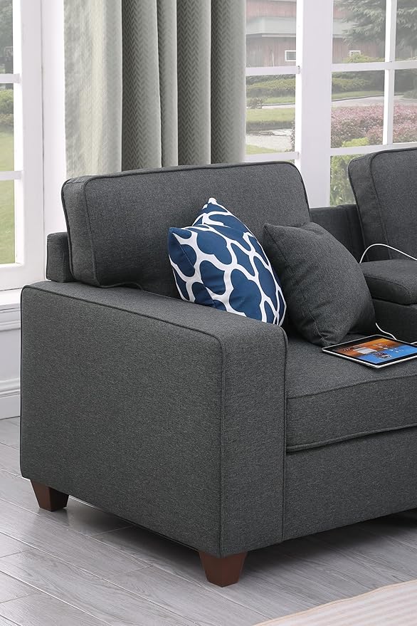 127" Modular Sectional Sofa with Movable Ottoman&Nailhead Trim Armrest,L-Shape Convertible Couch W/Cup Holder,USB Port&Hidden Storage Box,7 Seat Chenille Sectionals,6 Pillow,for Living Room,Gray