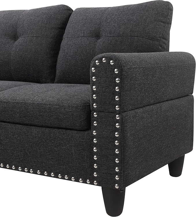Ball & Cast 98" L Shaped Sectional Couch for Living Room,4 Seat Linen Upholstered Modular Sectional Sofa Set 2 PCS with Chaise,Coffee Table,Cup Holders & Nailhead Trim Design for Home,Office,Charcoal