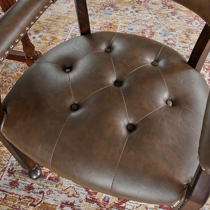 LEEMTORIG Large Dining Chairs with Casters and Arms, Rolling Dining Chairs with Wheels, Game Poker Table Chairs, Boss Caption's Chairs, 26"D x 25.2"W x 31.5"H, Espresso Legs & Choalate PU, XXY-1910-BN