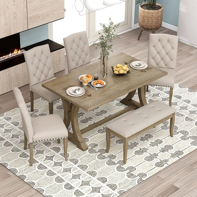 Ball & Cast Dining Table Set for 6, 60" Rectangular Dining Room Table with 4 Upholstered Chairs and 1 Bench, 6-Piece Farmhouse Dining Furniture Set with Solid Wood Legs for Kitchen,Natural Wood Wash
