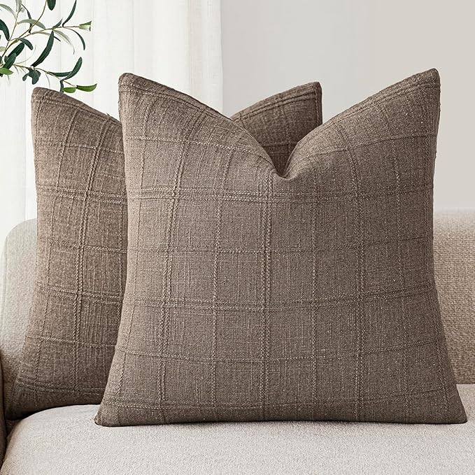 Foindtower Set of 2 Decorative Linen Check Throw Pillow Covers Neutral Farmhouse Vintage Cushion Covers Modern Boho Home Decor for Sofa Chair Couch Bedroom Living Room Outdoor,20×20 Inch,Taupe Grey