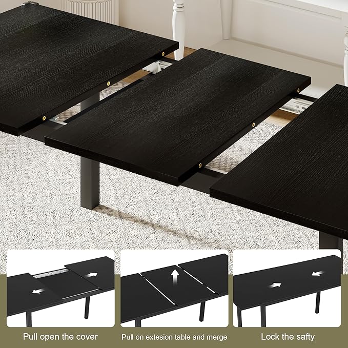 Feonase 63 Inch Extendable Kitchen Table, Modern Farmhouse Dining Table for 4-8, Wooden Dining Room Table for Small Space, Dining Room, Home Office, Living Room Furniture,Black