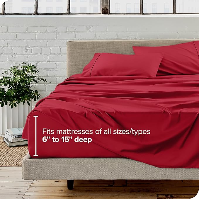 Bare Home Split Head Flex King Sheet Set - 1800 Ultra-Soft Microfiber Bed Sheets - Double Brushed - Deep Pockets - Easy Fit - 4 Piece Set - FlexTop King Bedding (Split Head Flex King, Red)