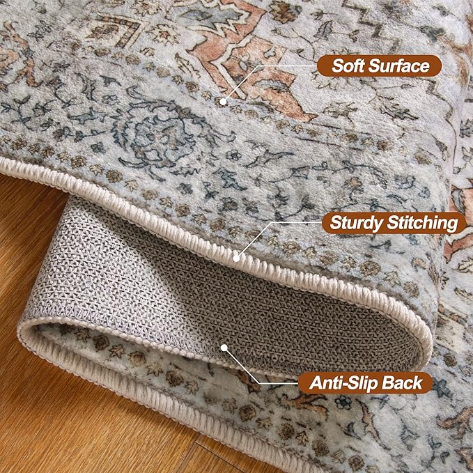 Tangsoo 2x6 Washable Runner Rug for Hallways, Non Slip Vintage Runner Rugs, Soft Low Pile Long, Print Distressed Taupe Carpet Runners for Kitchen Bedroom Entryway Bathroom Living Room