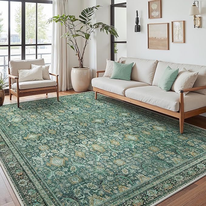 8X10 Area Rugs Machine Washable Rugs for Living Room, Vintage Boho Large Rugs for Bedroom Dining Room, Non Slip Indoor Soft Distressed Lightweight Thin Low Pile Carpet, Turquoise