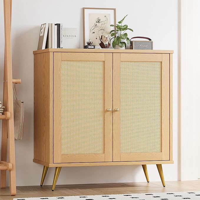 Shintenchi Rattan Buffet Cabinet with Storage, Sideboard Buffet Cabinet with Rattan Decor Doors, Modern Wood Cupboard for Kitchen Living Room Dining Room Hallway Entry, Natural