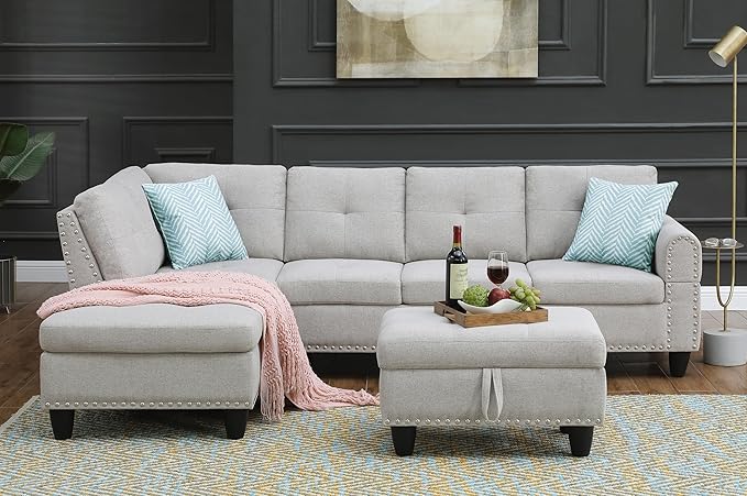 Ball & Cast 98" L Shaped Sectional Couch for Living Room with Chaise & Storage Ottoman,4 Seat Linen Upholstered Modular Sectional Sofa Set 3 PCS W/Cup Holder & Nailhead Trim,for Home,Office,Light Gray