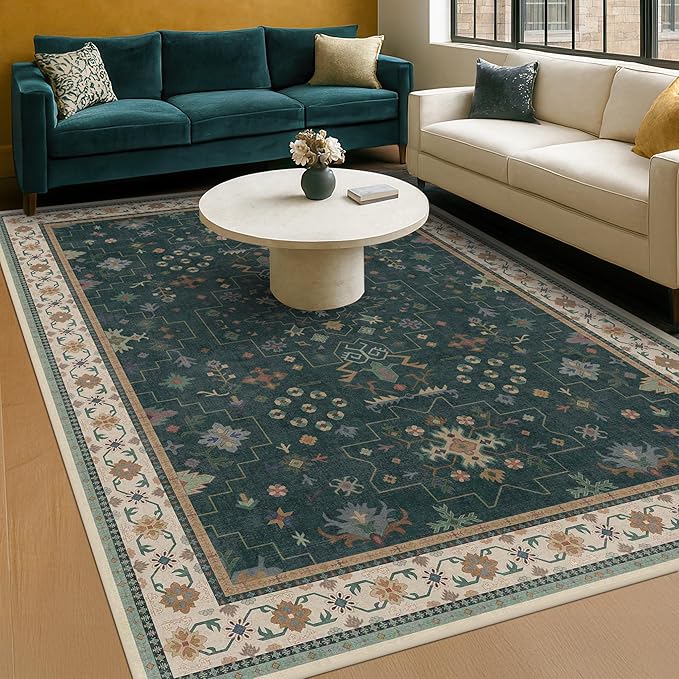 Dark Green Oushak 5x8 Living Room Rug - Modern Vintage Boho Eclectic Floral Pastel, Washable Low Pile Non-Slip Large Area Rugs for Nursery Dining Under Table Bedroom Lounge