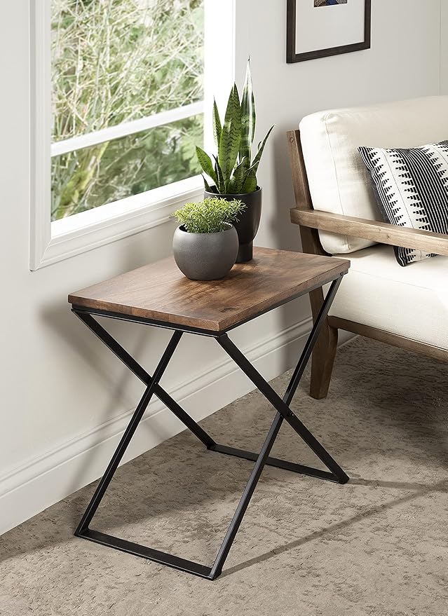 Kate and Laurel Laraway Modern Side Table, 20 x 14 x 20, Rustic Brown and Black, Metal Bedroom Nightstand Table with Solid Wood Tabletop and Foldable Frame
