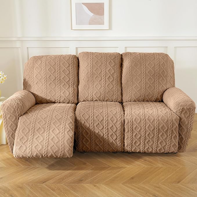 vctops 8 Pieces Geometric Jacquard Plush Recliner Sofa Covers Soft Fuzzy Fluffy 3 Seats Couch Cover Anti-Slip Sofa Slipcover Furniture Protector with Elastic Bottom for Kids Pet(Brown,3 Seat)