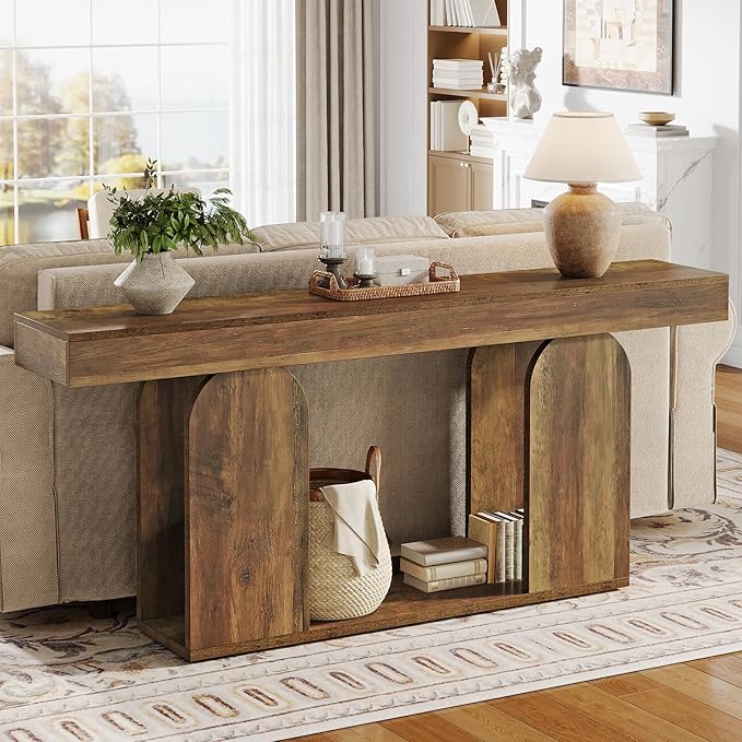 Tribesigns 70.9-Inch Extra Long Sofa Table, Farmhouse Console Tables with Wood Frame and Storage Shelf, 2-Tier Wood Table Behind Couch for Living Room, Hallway, Foyer, Vintage Brown