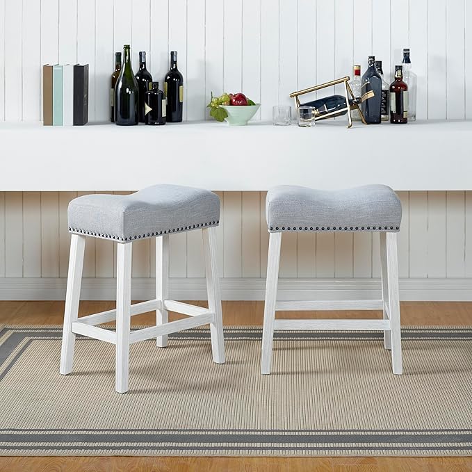 Roundhill Furniture Coco Upholstered Backless Saddle Seat Counter Stools 25.5" Height Set of 2, White-Wash Finish, Light Gray Fabric