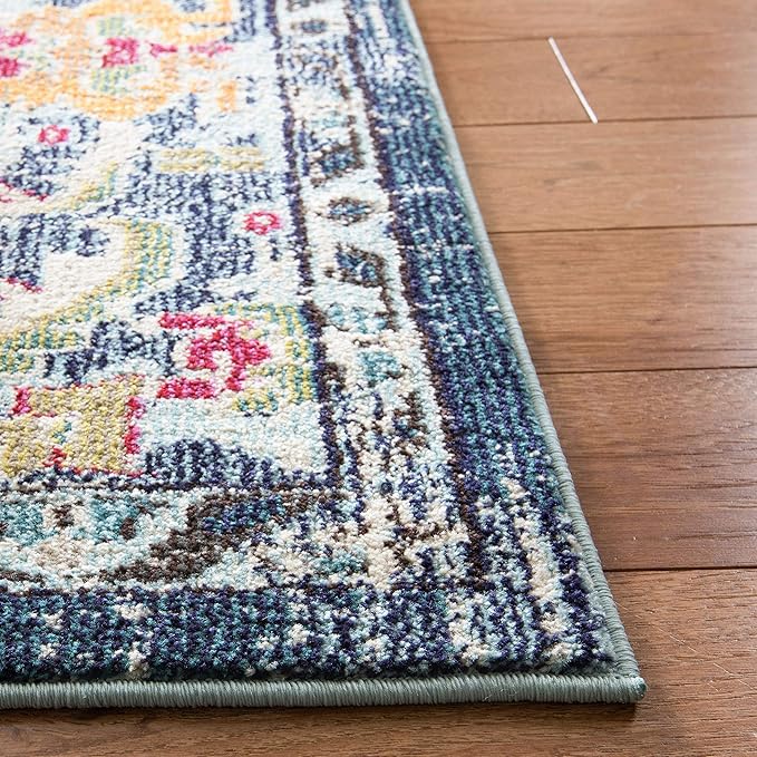 SAFAVIEH Monaco Collection Area Rug - 6'7" Square, Navy & Light Blue, Boho Chic Medallion Distressed Design, Non-Shedding & Easy Care, Ideal for High Traffic Areas in Living Room, Bedroom (MNC243N)