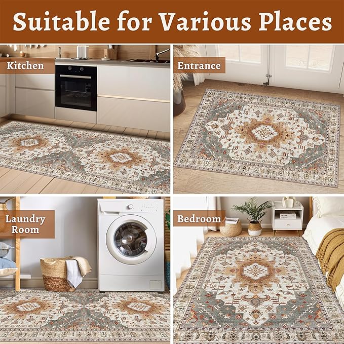 Tangsoo 4x6 Area Rug, Vintage Turmeric, Machine Made Geometric, Indoor, Foldable Non Slip Washable Shed Resistant, 0.35 Inch Pile, Rectangular, Bedroom Bathroom Living Room Entryway