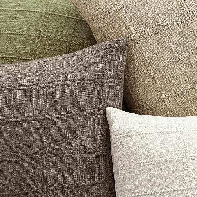 Foindtower Set of 2 Decorative Linen Check Throw Pillow Covers Neutral Farmhouse Vintage Cushion Covers Modern Boho Home Decor for Sofa Chair Couch Bedroom Living Room Outdoor,18×18 Inch,Taupe Grey